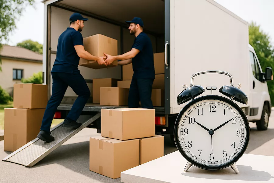 “Flyttbil och personer som lastar kartonger under tidspress – symboliserar snabb och effektiv flytt med fokus på tidsplanering, samarbete och smidig logistik”